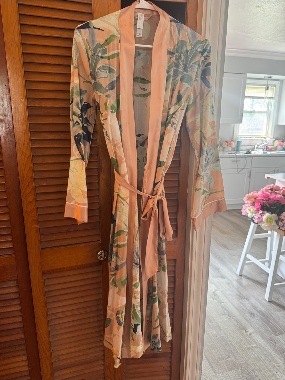stars above Peach Floral Satin Robe with Green Leaf Print
